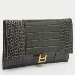 Pre Owned Balenciaga Grey Croc Embossed Leather Hourglass Flat Pouch 