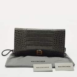 Pre Owned Balenciaga Grey Croc Embossed Leather Hourglass Flat Pouch 
