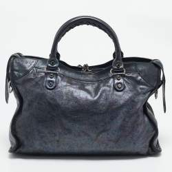 Pre Owned Balenciaga Metallic Dark Blue Leather RH Classic City Tote