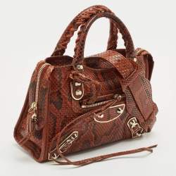 Balenciaga Brown/Black Python and Leather Mini Metallic Edge City Bag