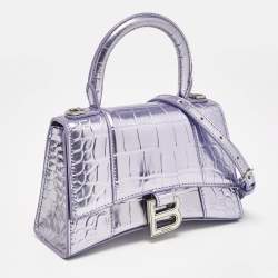 Balenciaga Metallic Lilac Croc Embossed Leather XS Hourglass Top Handle Bag  