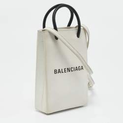 Balenciaga White/Black Leather Shopping Phone Holder Crossbody Bag 