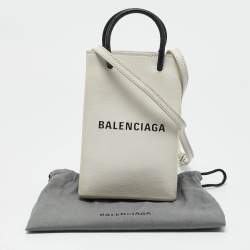 Balenciaga White/Black Leather Shopping Phone Holder Crossbody Bag 
