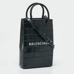 Balenciaga Green Croc Embossed Leather Shopping Phone Holder Crossbody Bag 