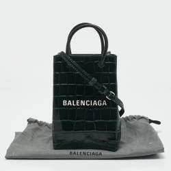 Balenciaga Green Croc Embossed Leather Shopping Phone Holder Crossbody Bag 