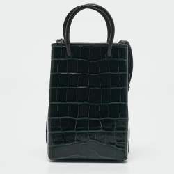 Balenciaga Green Croc Embossed Leather Shopping Phone Holder Crossbody Bag 