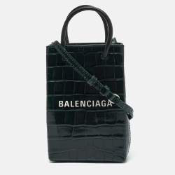 Balenciaga Green Croc Embossed Leather Shopping Phone Holder Crossbody Bag 