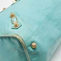 Pre Owned Balenciaga Turquoise Blue Leather Giant 12 Gold Hardware Work Tote