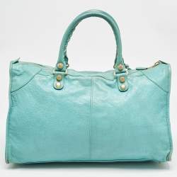 Pre Owned Balenciaga Turquoise Blue Leather Giant 12 Gold Hardware Work Tote