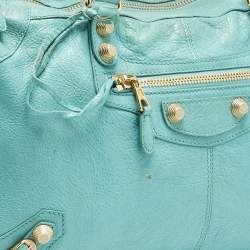 Pre Owned Balenciaga Turquoise Blue Leather Giant 12 Gold Hardware Work Tote