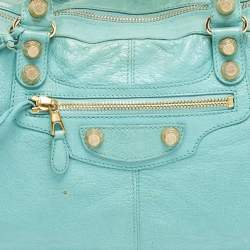 Pre Owned Balenciaga Turquoise Blue Leather Giant 12 Gold Hardware Work Tote