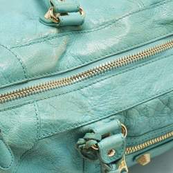 Pre Owned Balenciaga Turquoise Blue Leather Giant 12 Gold Hardware Work Tote