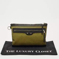 Balenciaga Black/Yellow Mesh Nylon and Leather Clip Clutch