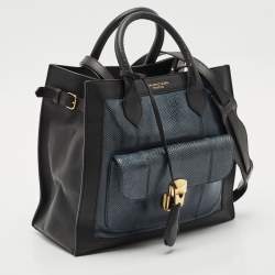 Pre Owned Balenciaga Black/Navy Blue Leather and Lizard Padlock All Afternoon Tote