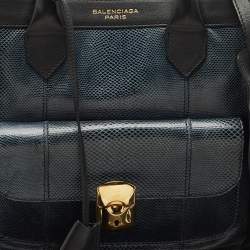 Pre Owned Balenciaga Black/Navy Blue Leather and Lizard Padlock All Afternoon Tote