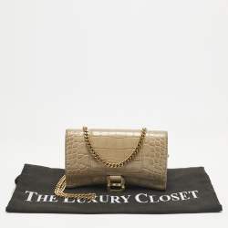 Balenciaga Beige Croc Embossed Leather XS Hourglass Wallet on Chain