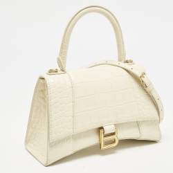 Balenciaga Cream Croc Embossed Leather Small Hourglass Top Handle Bag