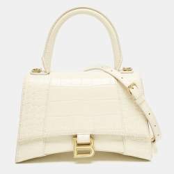 Balenciaga Cream Croc Embossed Leather Small Hourglass Top Handle Bag