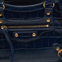 Balenciaga Navy Blue Croc Embossed Leather Mini Neo Classic City Tote