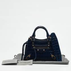 Balenciaga Navy Blue Croc Embossed Leather Mini Neo Classic City Tote