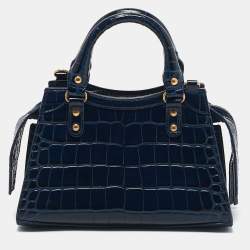 Balenciaga Navy Blue Croc Embossed Leather Mini Neo Classic City Tote