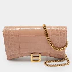 Balenciaga Old Rose Croc Embossed Leather Hourglass Wallet on Chain