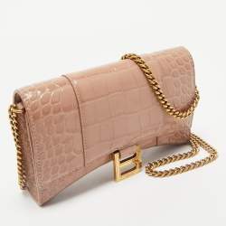 Balenciaga Old Rose Croc Embossed Leather Hourglass Wallet on Chain