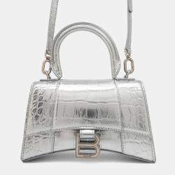 Balenciaga Hourglass 2Way bag Silver Croco Embossed Leather Size Xs