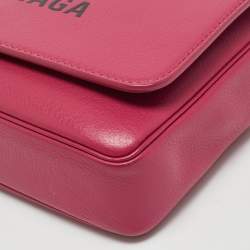 Pre Owned Balenciaga Pink Leather Logo Everyday Flap Shoulder Bag