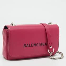 Pre Owned Balenciaga Pink Leather Logo Everyday Flap Shoulder Bag