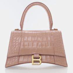 Balenciaga Hourglass Small Pink Crocodile Embossed Leather Shoulder Bag