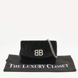 Balenciaga Black Quilted Velvet BB Crystals Wallet On Chain