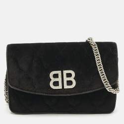 Balenciaga Black Quilted Velvet BB Crystals Wallet On Chain