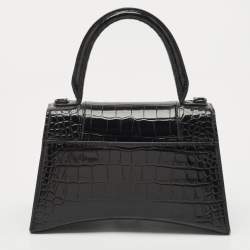 Balenciaga Black Croc Embossed Leather Small Hourglass Top Handle Bag