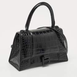 Balenciaga Black Croc Embossed Leather Small Hourglass Top Handle Bag