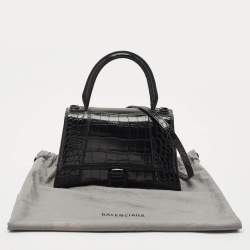 Balenciaga Black Croc Embossed Leather Small Hourglass Top Handle Bag