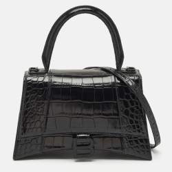Balenciaga Black Croc Embossed Leather Small Hourglass Top Handle Bag