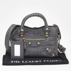 Pre Owned حقيبة بالنسياغا سيتى كلاسيك صغيرة جلد منقوش كروك رمادي