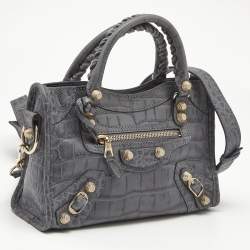 Pre Owned حقيبة بالنسياغا سيتى كلاسيك صغيرة جلد منقوش كروك رمادي