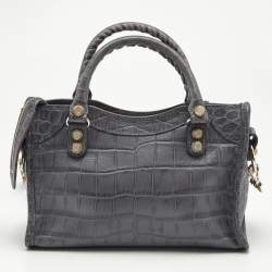 Pre Owned حقيبة بالنسياغا سيتى كلاسيك صغيرة جلد منقوش كروك رمادي