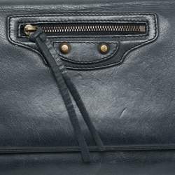 Balenciaga Navy Blue Leather Papier Long Clutch