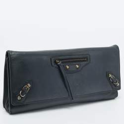 Balenciaga Navy Blue Leather Papier Long Clutch