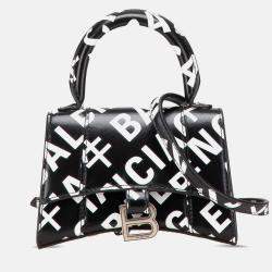 Balenciaga Black Mini Smooth Calfskin Allover Logo Print Hourglass Top Handle Bag