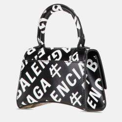 Balenciaga Black Mini Smooth Calfskin Allover Logo Print Hourglass Top Handle Bag