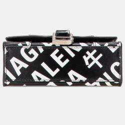 Balenciaga Black Mini Smooth Calfskin Allover Logo Print Hourglass Top Handle Bag