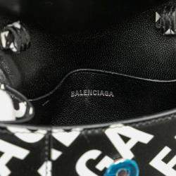 Balenciaga Black Mini Smooth Calfskin Allover Logo Print Hourglass Top Handle Bag