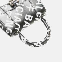 Balenciaga Black Mini Smooth Calfskin Allover Logo Print Hourglass Top Handle Bag