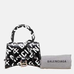 Balenciaga Black Mini Smooth Calfskin Allover Logo Print Hourglass Top Handle Bag