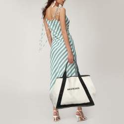 Pre Owned Balenciaga Black/Off White Canvas and Leather Large Cabas Tote