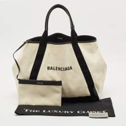 Pre Owned Balenciaga Black/Off White Canvas and Leather Large Cabas Tote